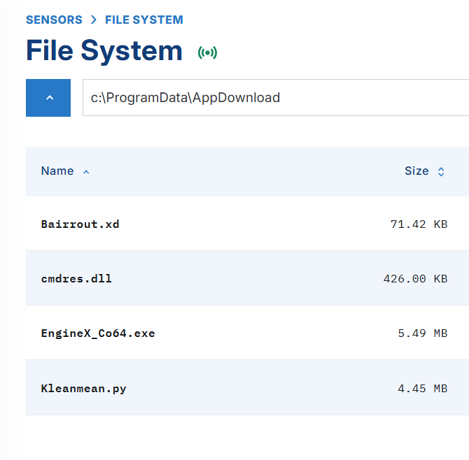 ProgramData\AppDownload directory contents - EngineX_Co64.exe, cmdres.dll, Bairrout.xd, Kleanmean.py