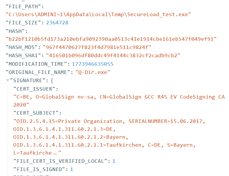CODE_IDENTITY JSON for SecureLoad_test.exe showing Nenad Hrg signature and OriginalFileName Q-Dir.exe