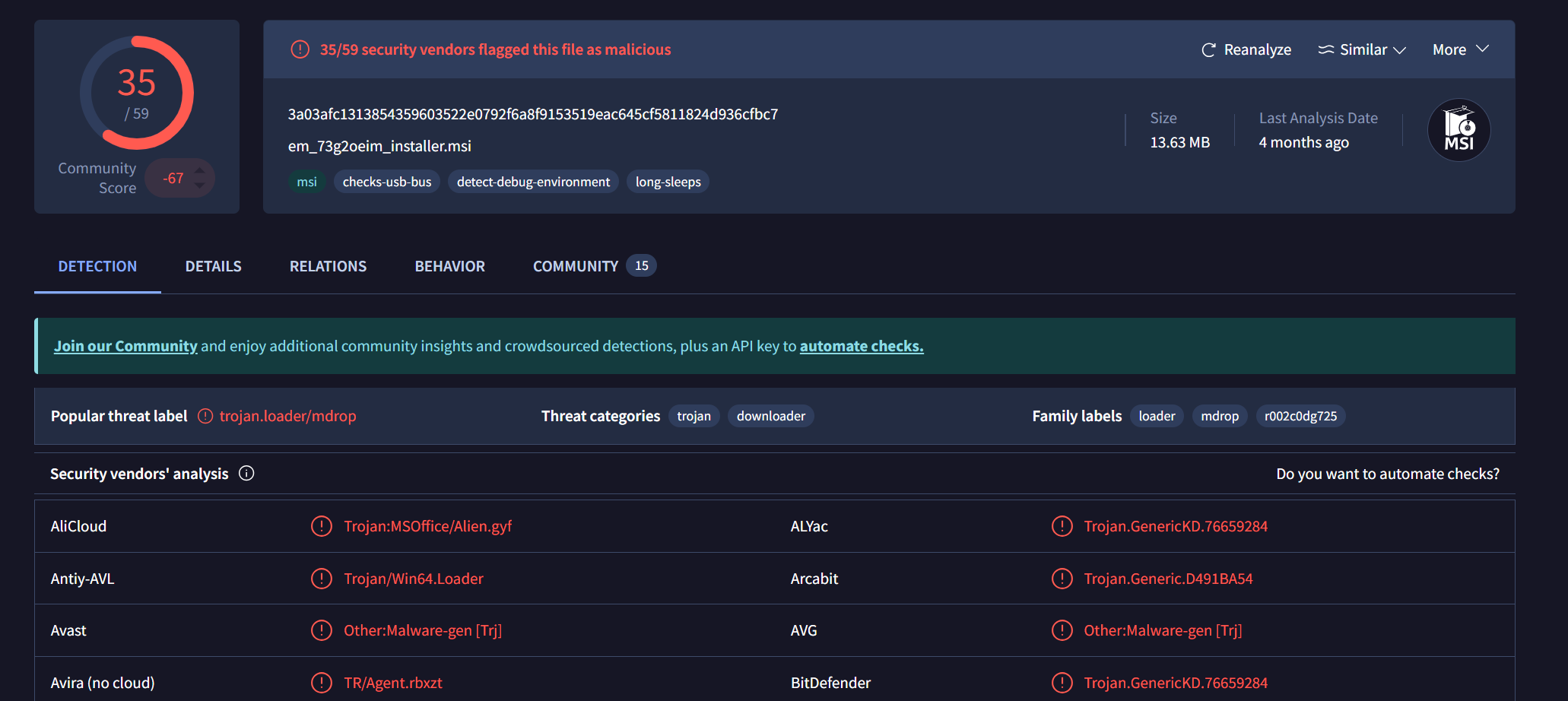 VirusTotal detection page for em_73g2oeim_installer.msi