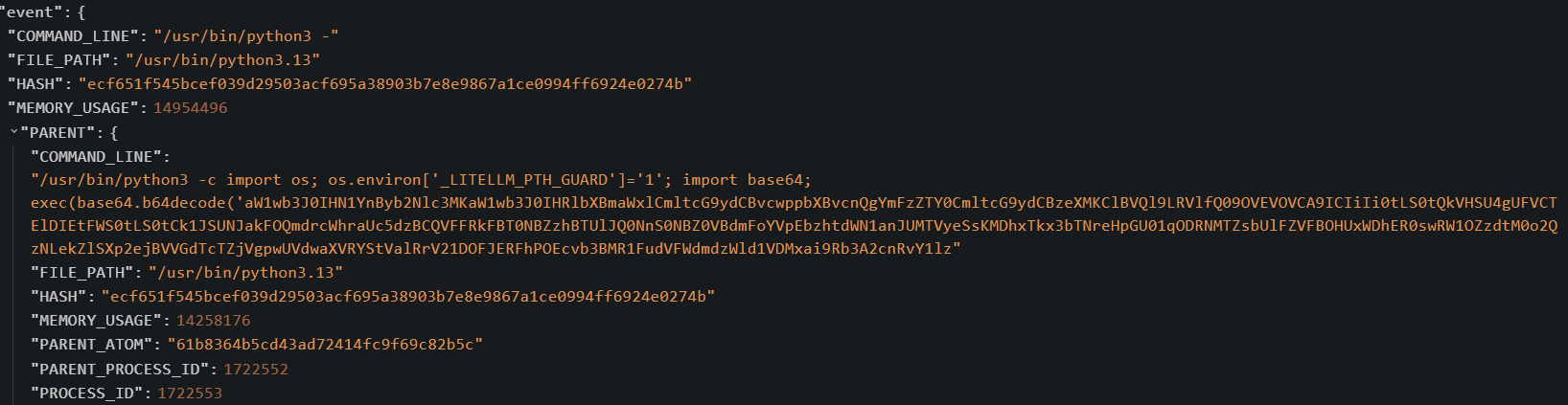 LimaCharlie event JSON for the orchestrator process showing the full command line with base64.b64decode, exec, parent process info, and hash